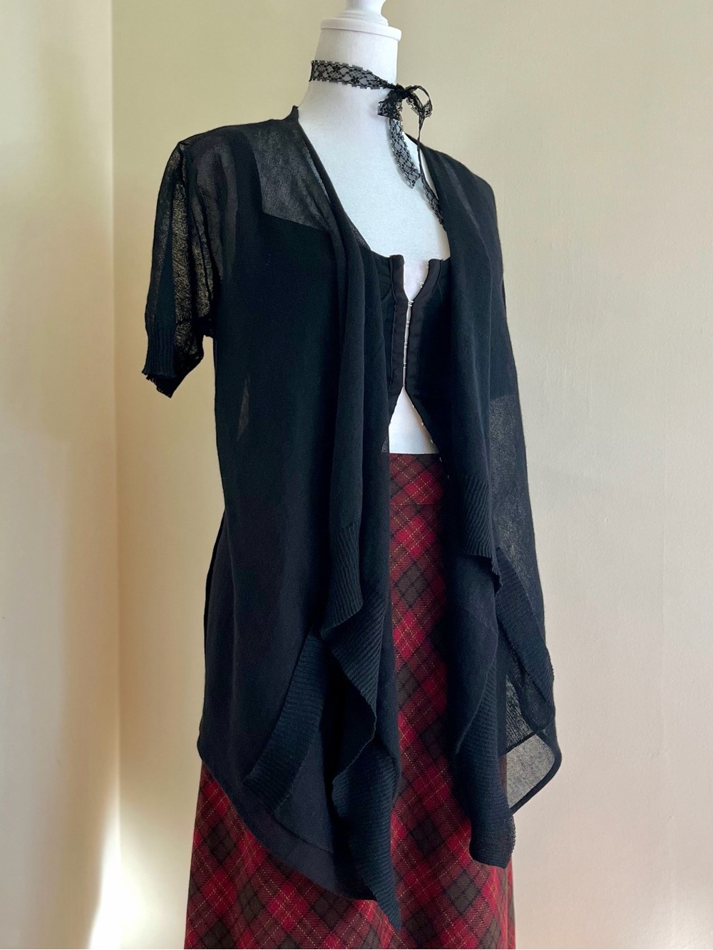 Vintage Y2K boho goth sheer black mesh cardigan shrug whimsygoth fairy grunge XS